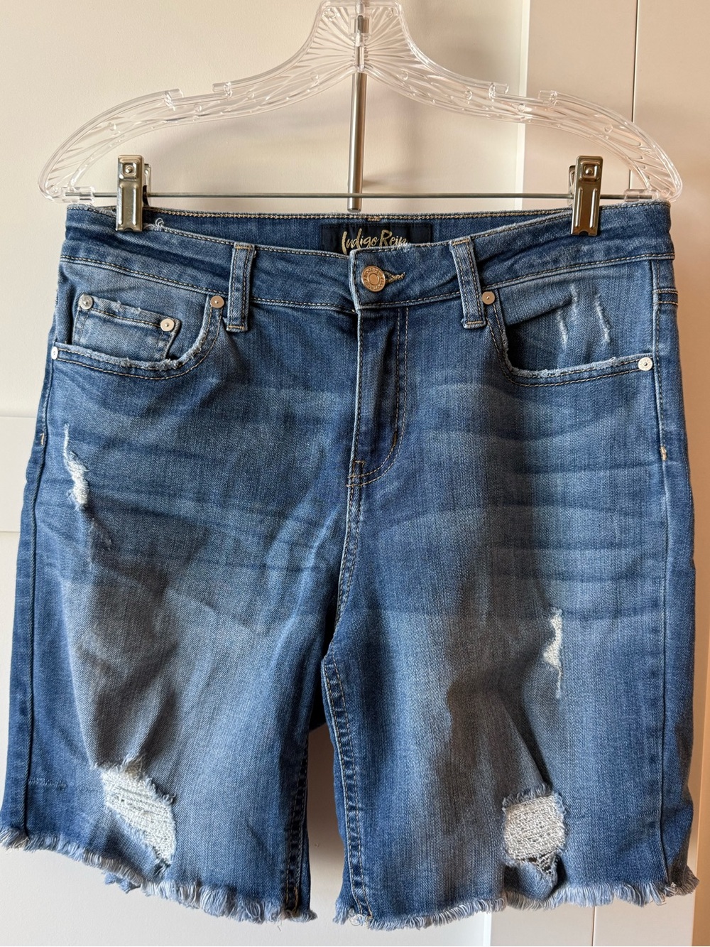 Indigo Rein Distressed Mid Blue Boyfriend Jeans Shorts, Size 11/29